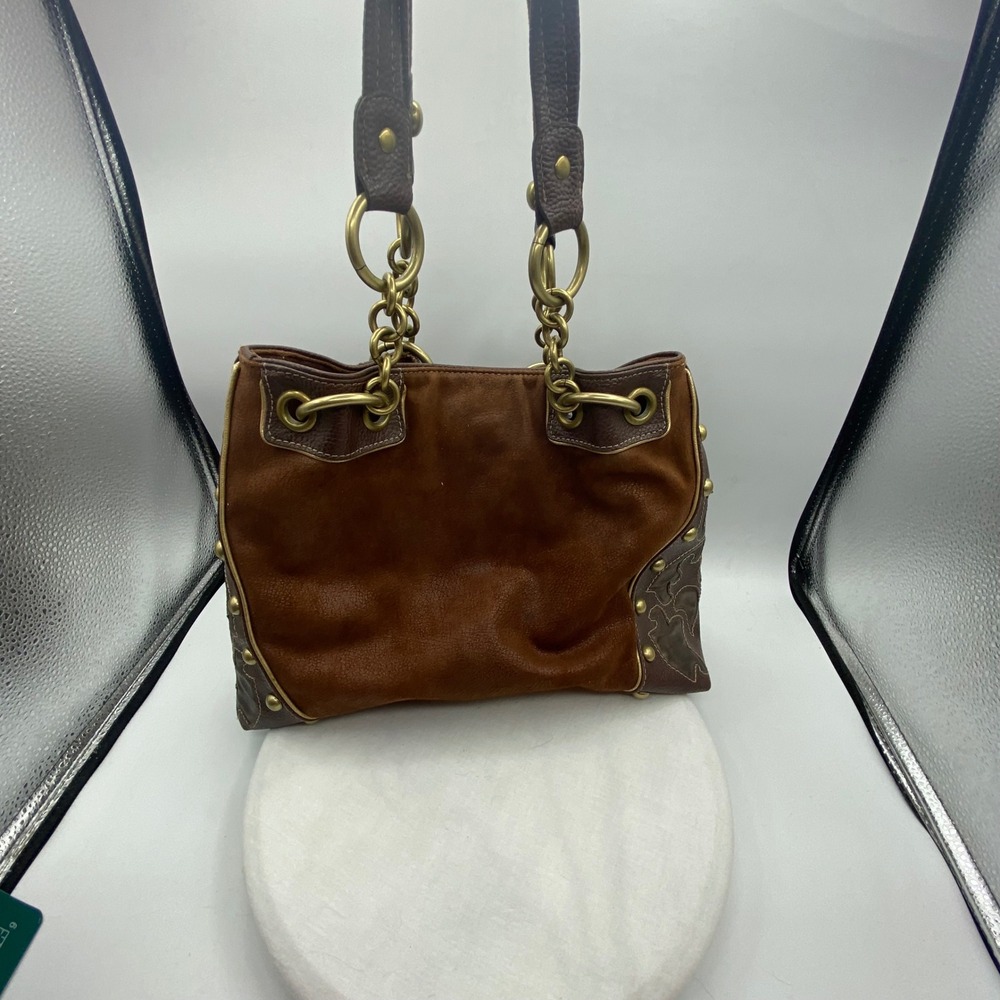 Kathy Van Zeeland Womens Medium Shoulder Bag Brown Suede Vinyl Studded Boho Y2K